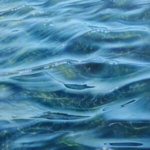 Oil painting on canvas, depicting the gentle translucent ripple of the ocean surface with the flickering light from the sun.