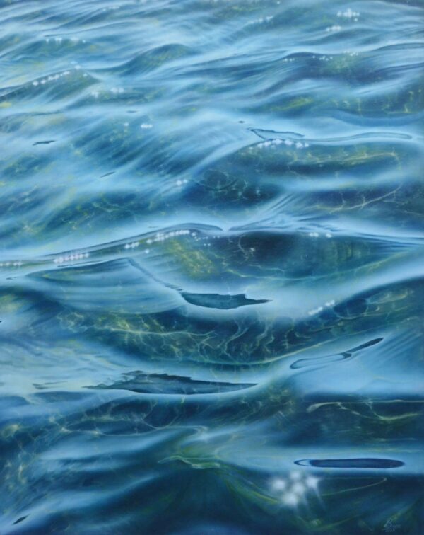 Oil painting on canvas, depicting the gentle translucent ripple of the ocean surface with the flickering light from the sun.